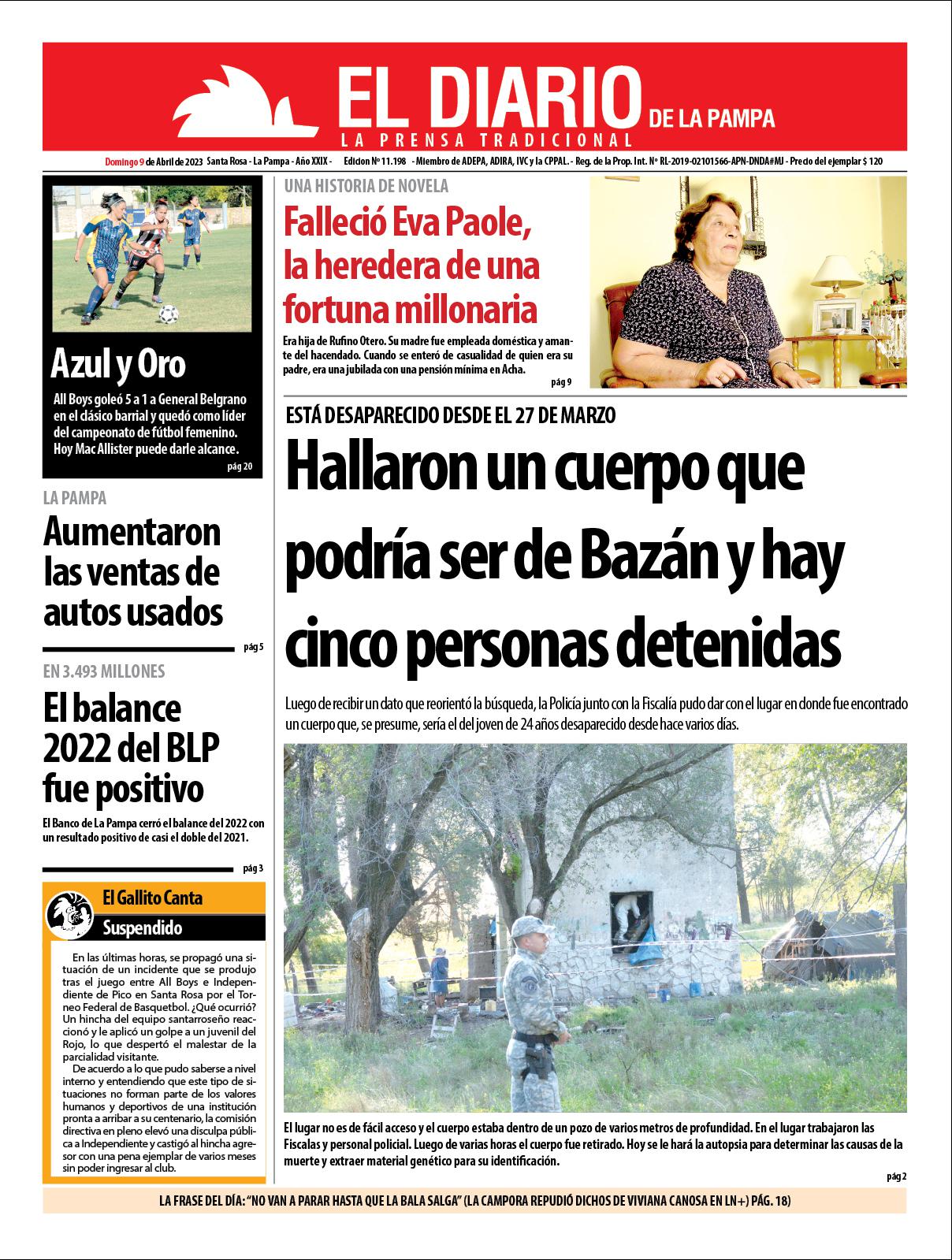 Tapa de El Diario en papel  domingo 09 de abril de 2023